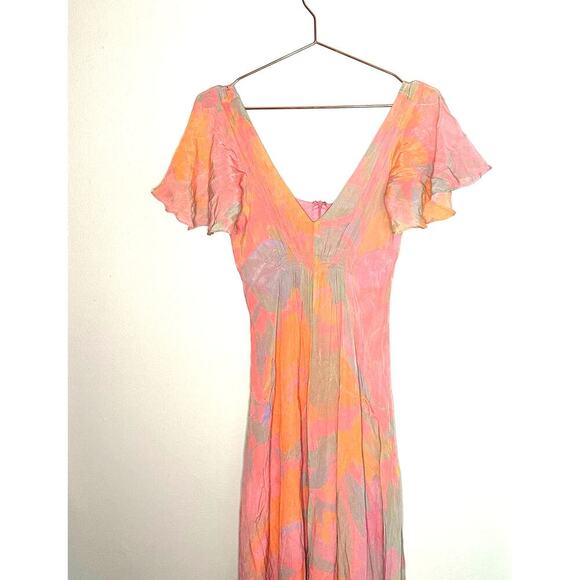 VEDA Multi Corazon Maxi XL Short Sleeve Double-V Neck Empire Smocked Pastel M - Picture 10 of 16